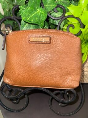 Calvin Klein Tan Pebbled Leather Zip Cosmetic Pouch